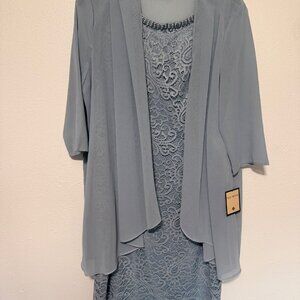 Maya Brook 2 Pc Formal Dress Dusty Blue Lace Tank with Sheer Cover 16 NWT